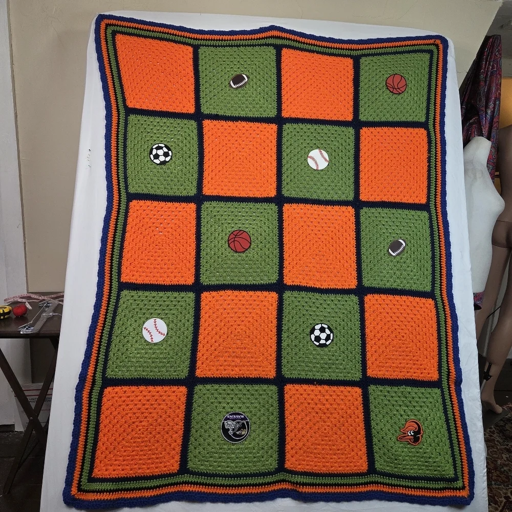 Handmade Baltimore Sports Crochet Throw Blanket 61x50 Ravens Orioles